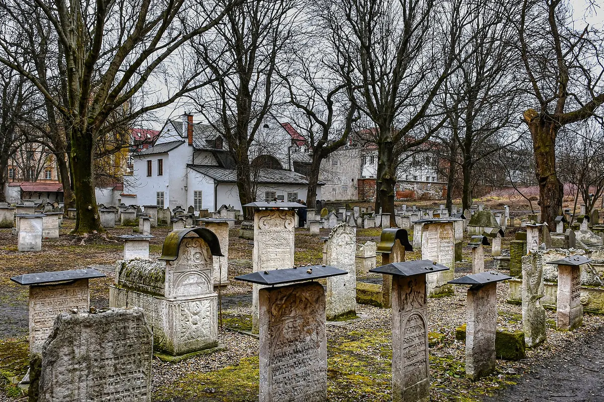 Weathered stone grave markers with carved Hebrew inscriptions stand among bare trees in the old Remuh cemetery, with white buildings behind.